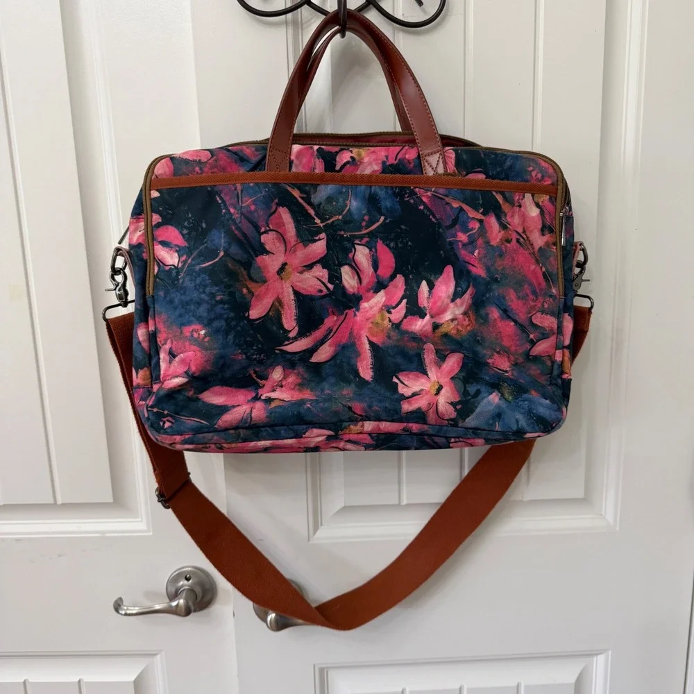 Baosha‎ Laptop Bag OS Pink Navy Floral Canvas Messenger Crossbody Briefcase